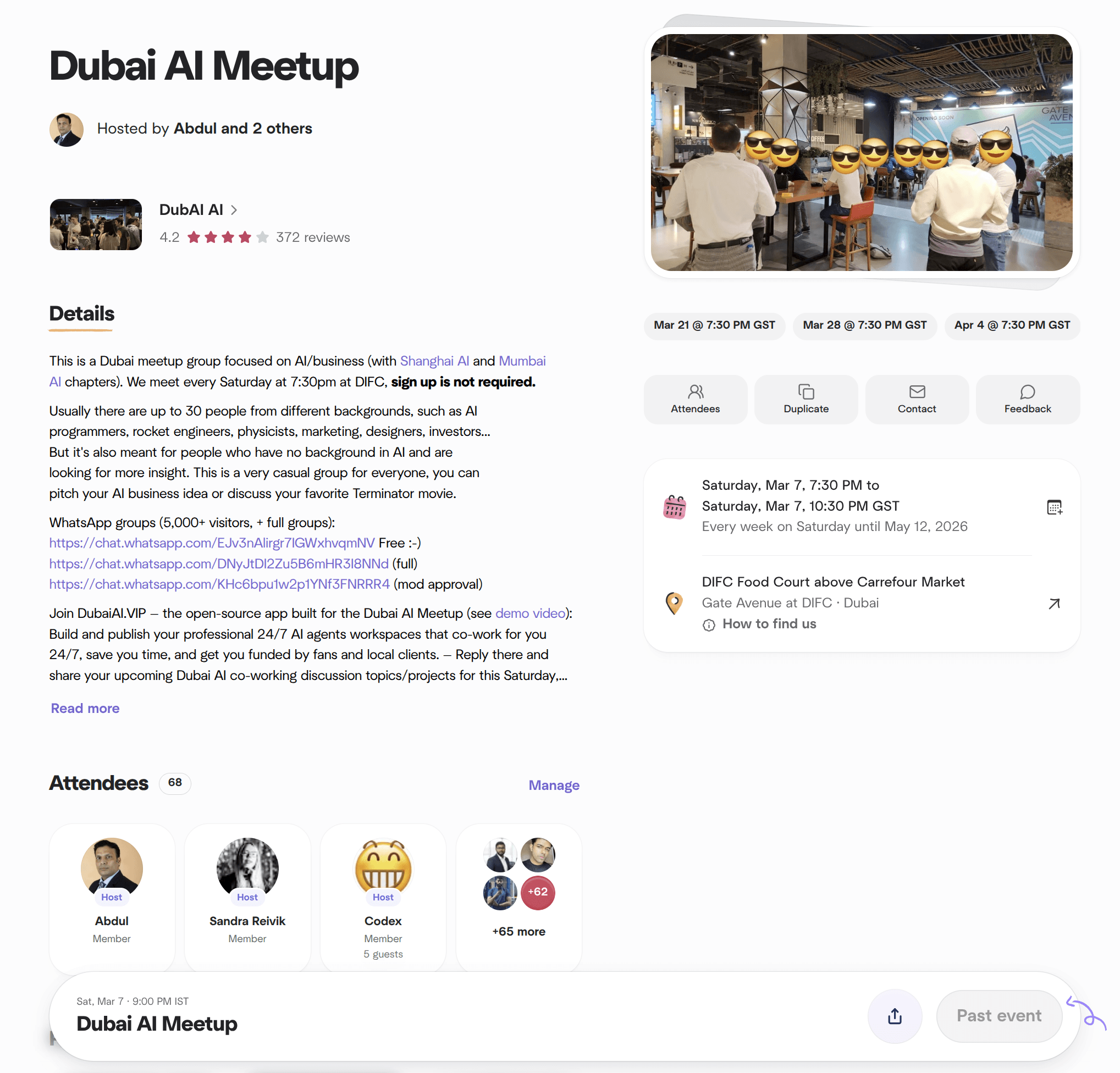 Dubai AI meetup proof showing 4.2 rating and 9,196 members