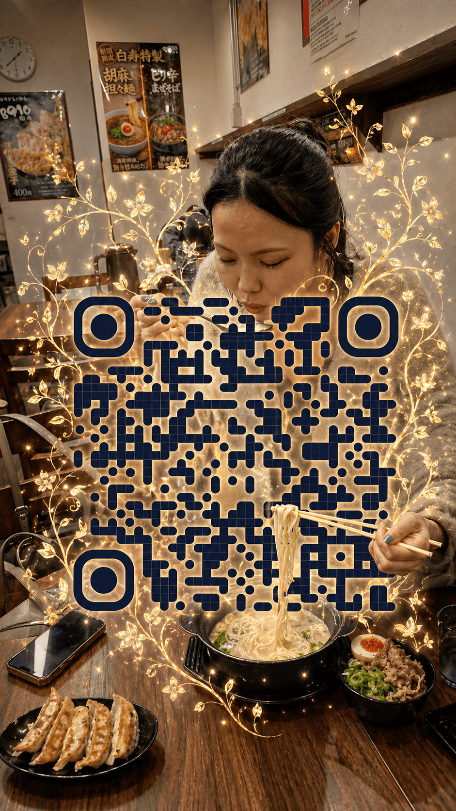 Artistic QR code blended into a ramen restaurant scene